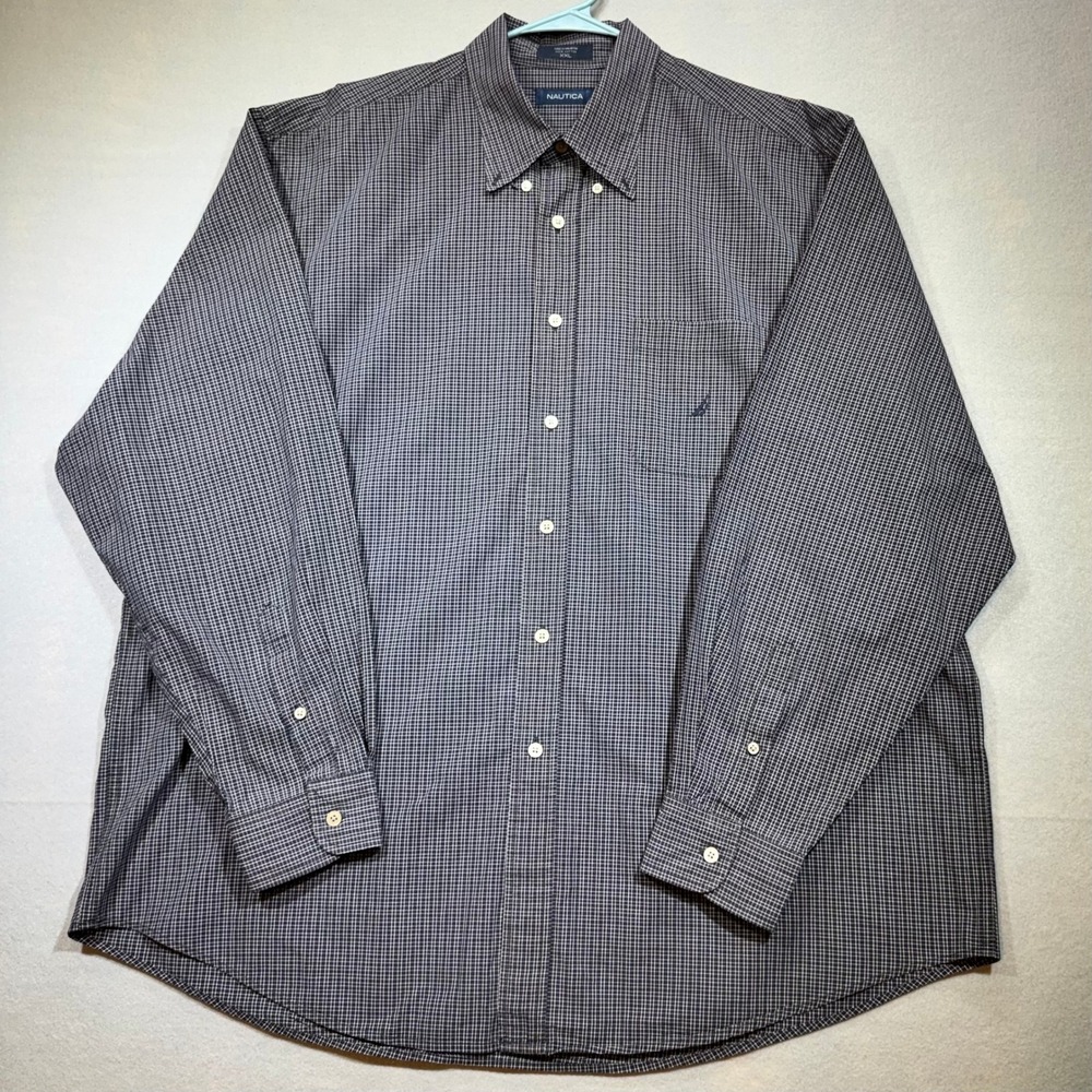 Nautica Mens XXL Button Down Shirt Long Sleeve Navy Burgundy Micro Check Cotton